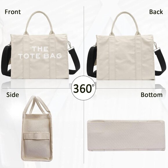 Women Beige Personalized Canvas Crossbody Tote Bags with Zipper Mini Top-Handle - Picture 6 of 6